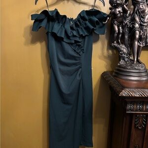 Xscape One Shoulder Dark Green Dress